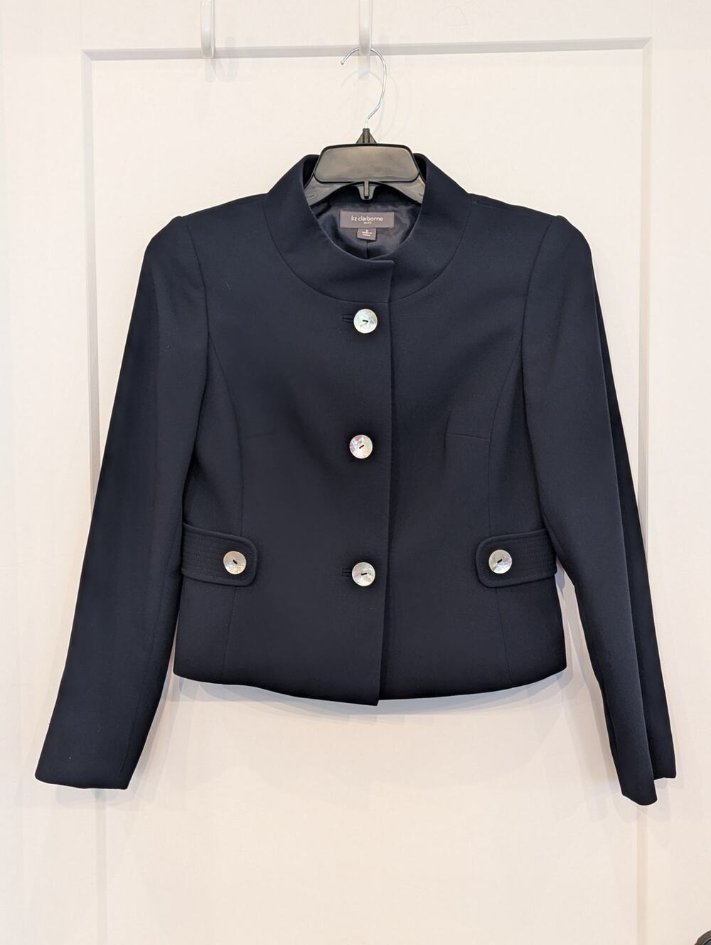 Liz Claiborne Suits Womens 6 Dark Navy Cropped Blazer Stand Collar Career Office